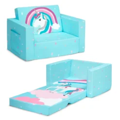 Delta Children Unicorn Cozee Flip Out Chair - 2-in-1 Convertible Chair To Lounger For Kids -Delta Children 208220 5065 Cozee Chair Blue Unicorn Callout 01
