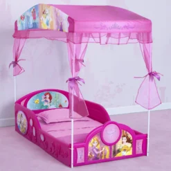 Disney Princess Plastic Sleep And Play Toddler Bed With Canopy By Delta Children -Delta Children BB81439PS princess sleep and play canoopy bed hangtag hi res