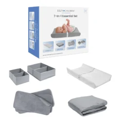 Delta Children 7-Piece Essential Changing Table Set - Newborn Baby Gift Set For Boys And Girls – Set Includes Changing Pad, Plush Changing Pad Cover, 3 Changing Pad Liners And 2 Storage Bins -Delta Children CP20103 5000 Essential Set Delta Callout 01