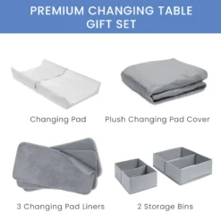Delta Children 7-Piece Essential Changing Table Set - Newborn Baby Gift Set For Boys And Girls – Set Includes Changing Pad, Plush Changing Pad Cover, 3 Changing Pad Liners And 2 Storage Bins -Delta Children CP20103 5000 Essential Set Delta Callout 03