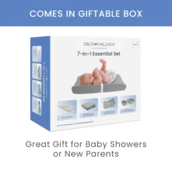 Delta Children 7-Piece Essential Changing Table Set - Newborn Baby Gift Set For Boys And Girls – Set Includes Changing Pad, Plush Changing Pad Cover, 3 Changing Pad Liners And 2 Storage Bins -Delta Children CP20103 5000 Essential Set Delta Callout 06