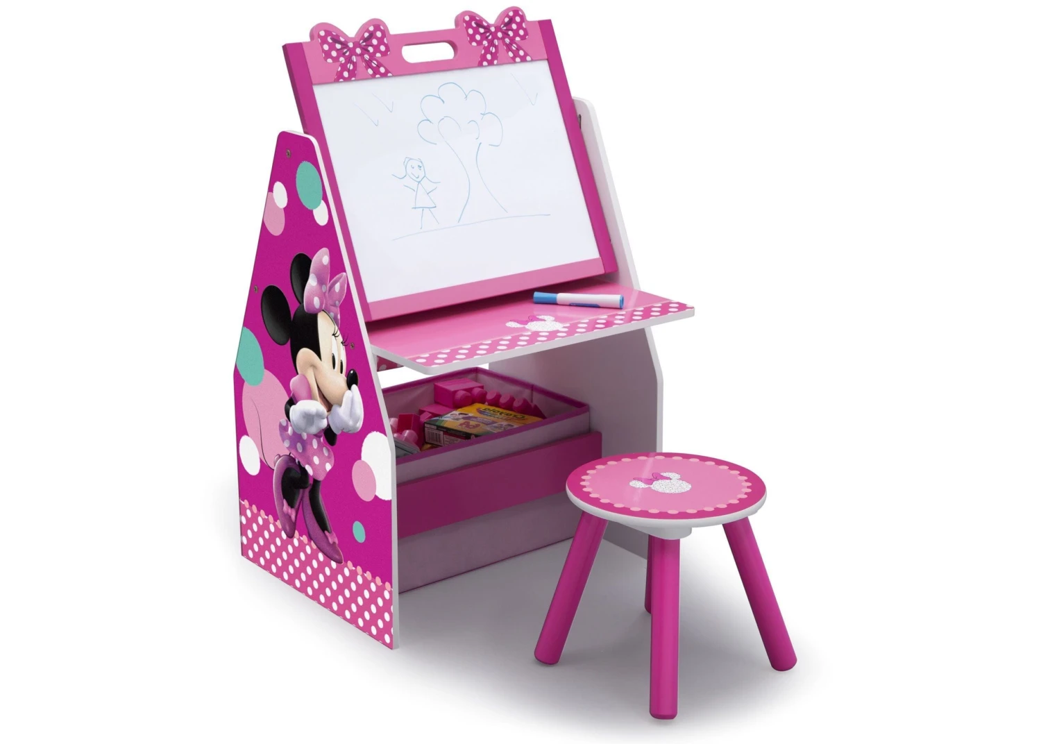 Delta Children Minnie Mouse Deluxe Kids Art Table - Easel, Desk, Stool, Toy Organizer 2 Delta Children Minnie Mouse Deluxe Kids Art Table - Easel, Desk, Stool, Toy Organizer - Image 2